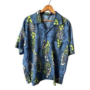 Makani Hawaii Blue Tribal Button Up Shirt Short Sleeve Neon Green Turtle Size XL